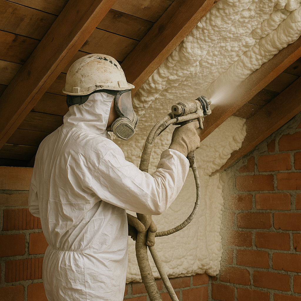 Aplikacja piany PUR na poddaszu — operator natryskuje skosy dachu